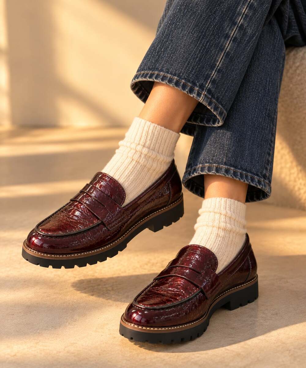 Earthies Braga Burgundy Patent Leather Penny Loafers Lug Sole 8.5B